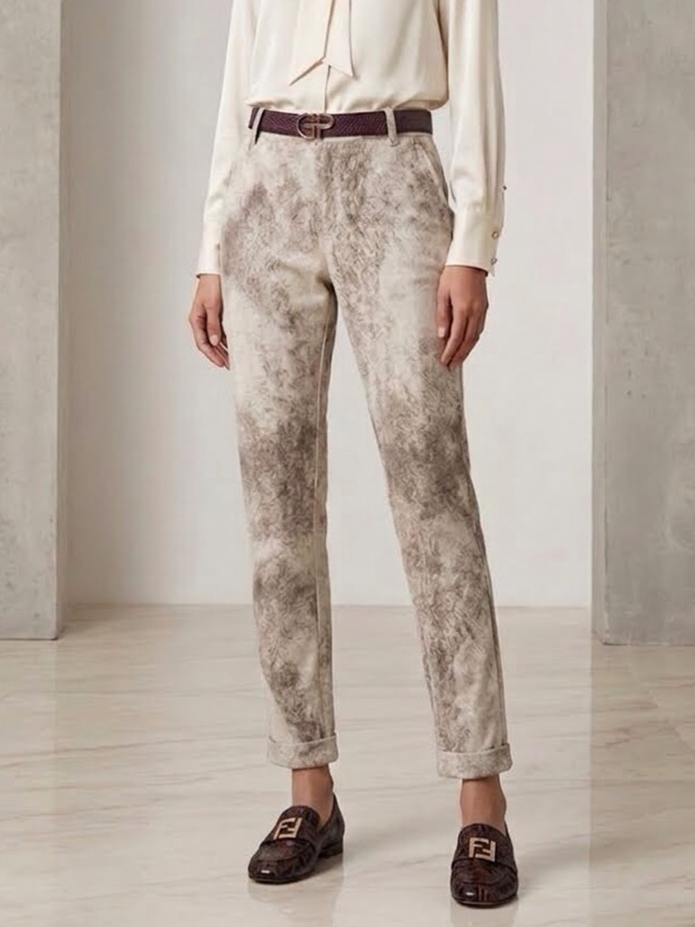 🇮🇹 Angela Mara Cream Abstract Vegan Suede Tailored Trousers S W27 NWOT